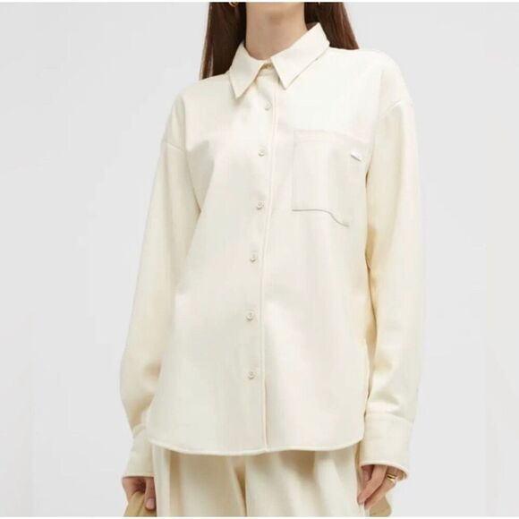 MOTHER The Roomie Frenchie Faux Leather Shirt Button Front Cream Egret Small - Picture 1 of 16